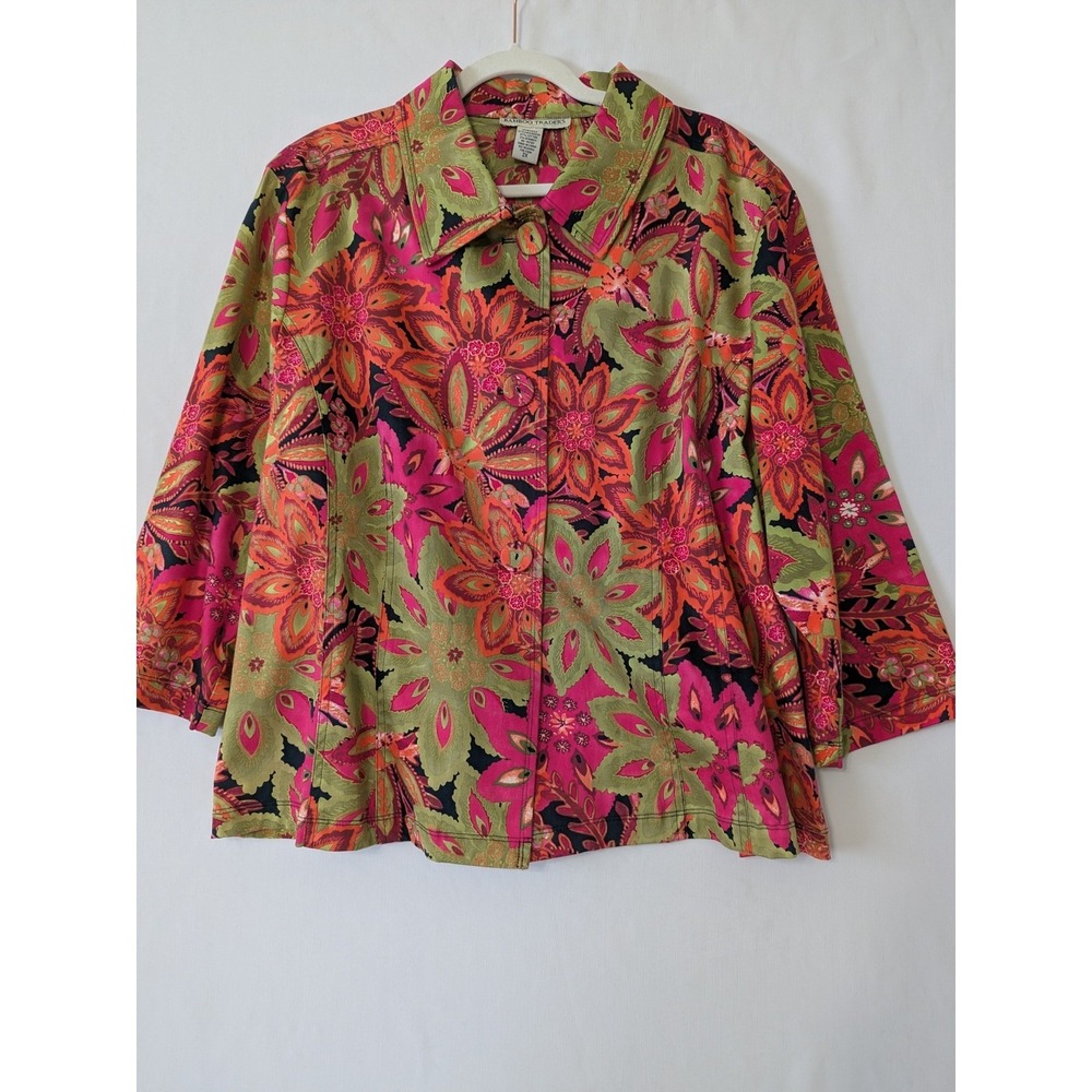 Bamboo Traders Womens 2X Floral Button Front Shirt Shacket Pink Green 3/4 Sleeve